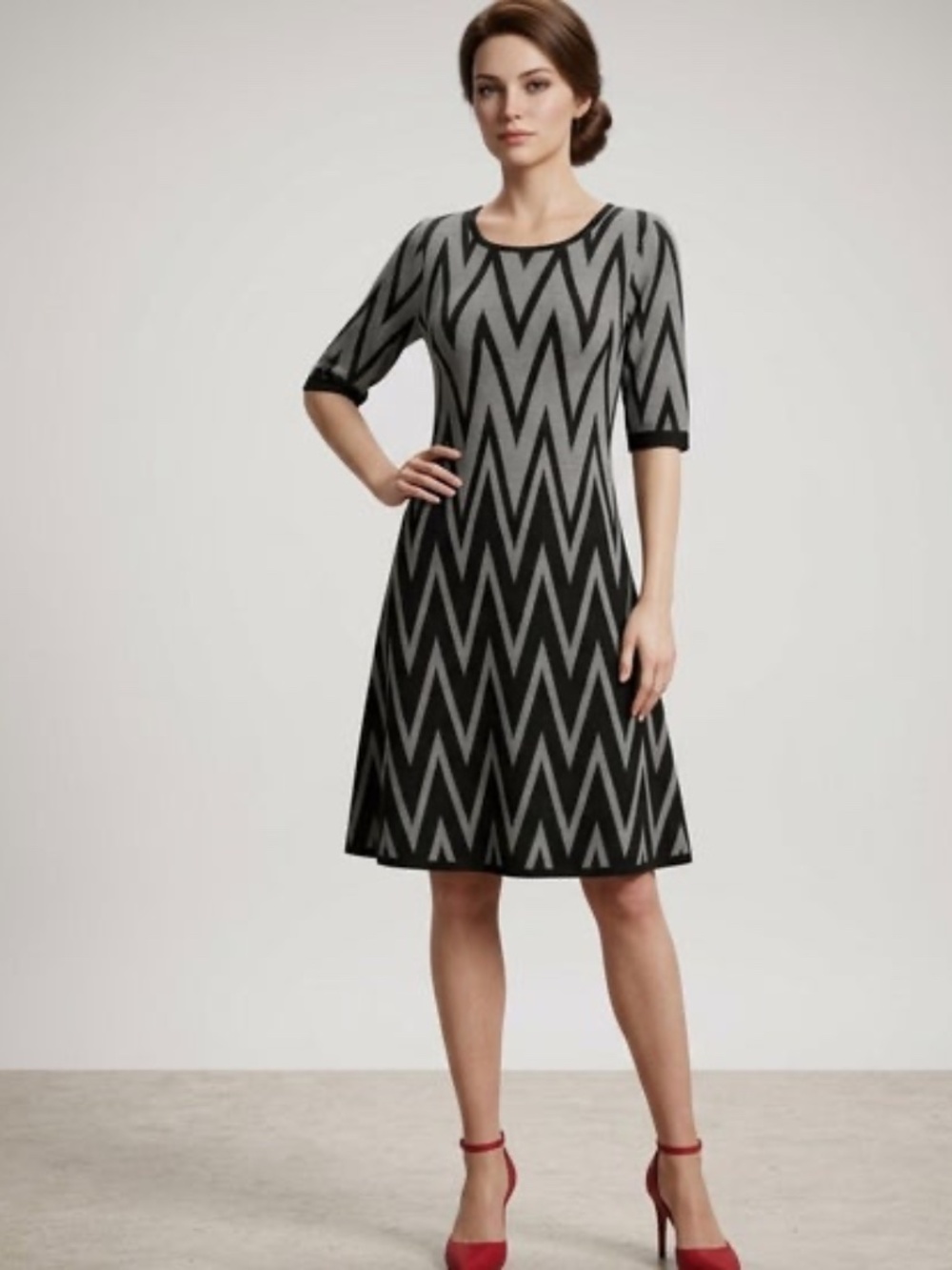 Gabby Skye 3/4 Sleeve Chevron Pattern Midi Dress